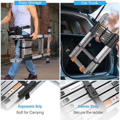 DEZEX Telescoping Ladders 16.5FT A Frame Stainless Steel Folding Extension Ladder, with Anti-Slip Balance Bar & Movable Wheel, Multi Position Collapsible Ladder for Outdoor Indoor, 330lbs Max Capacity - Thumbnail 6