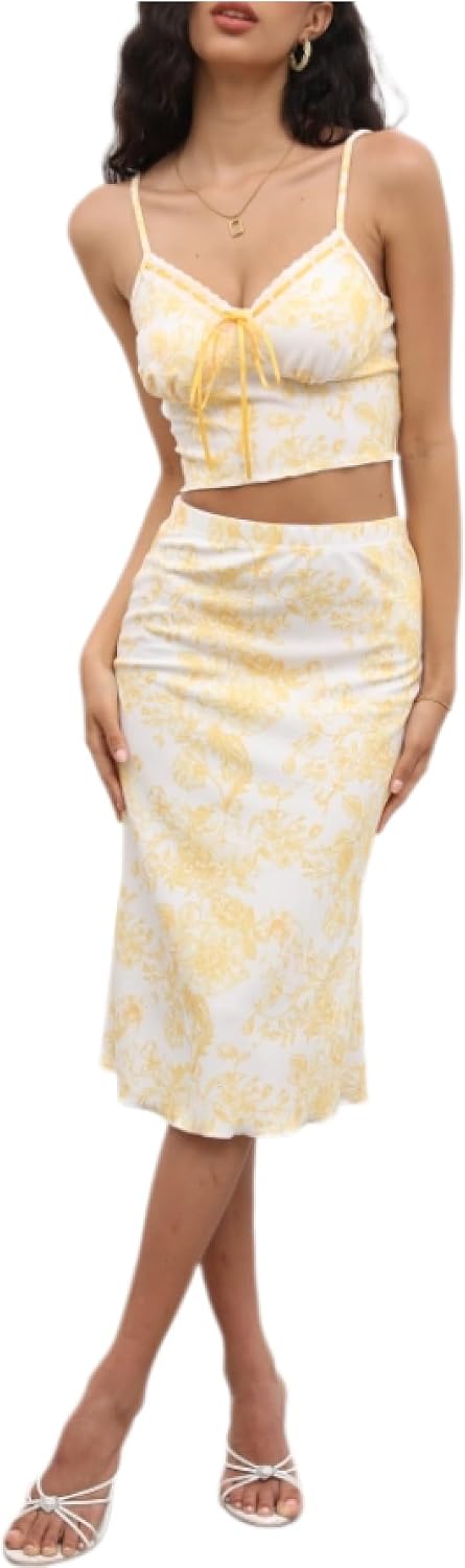 Floerns Women's 2 Piece Outfit Floral Print Tie Front Cami Top with Skirt Set