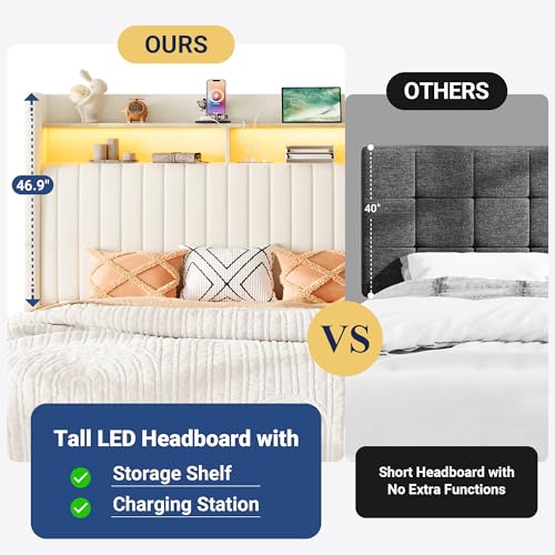 Image of Allewie Queen Size Lift Up Storage LED Bed Frame, Charging Station, Cream