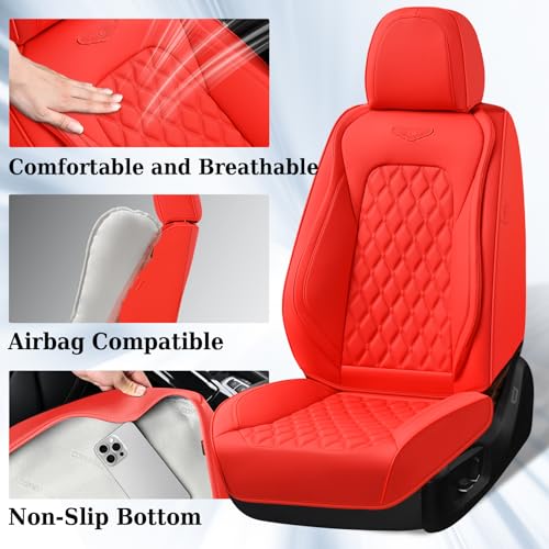 Image of Coverado Front Seat Covers, Waterproof Nappa Leather Stain-Resistant Protectors, Universal Fit for Sedans, SUVs, Trucks, Automotive Car Seat Covers, Waterproof Seat Cushions - Red