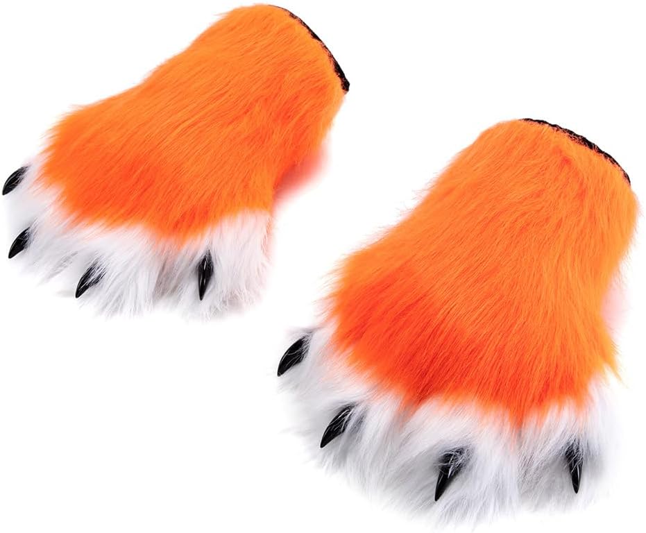 Plush Furry Fur Animal Paws Mittens Nail Glove,Fursuit Cat Fox Wolf Paws Gloves Accessories for Halloween Cosplay