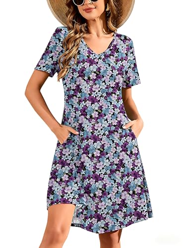 Image of DEARCASE Summer Dresses for Women V-Neck Short Sleeve T Shirt Dress Casual Flowy Swing Beach Vacation Mini Sundress