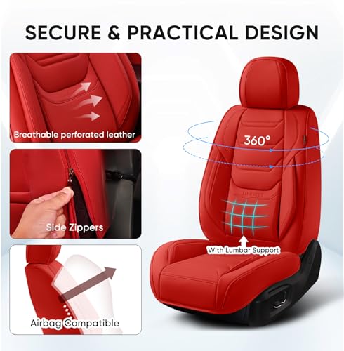 Image of TIEHESYT Leather Car Seat Covers Full Set with Lumbar Support, Waterproof Car Seat Cover, Universal Seat Covers for Cars, Trucks, SUVs, Sedans, Airbag Compatible, Front Pair and Rear, Red