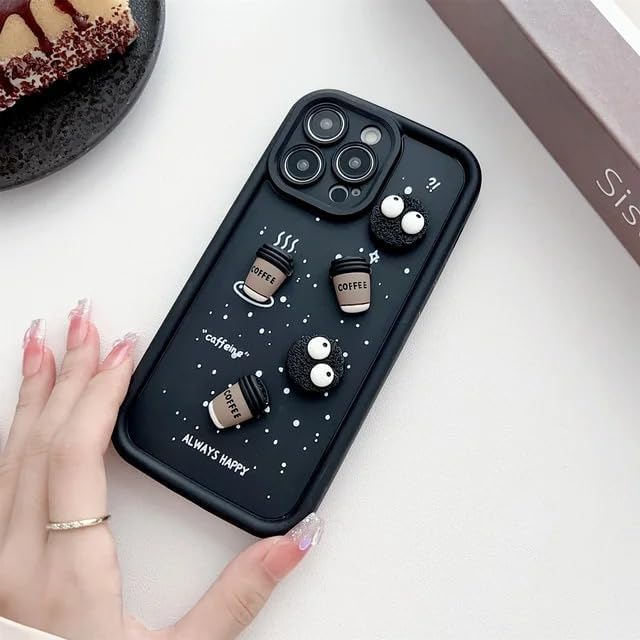 Image of COVERLY Back Case Cover Compatible with iPhone 15 Pro Max | Cute Fun Cartoon Characters 3D Ball Coffee Cookies Silicone Case | Body Protection | 360 Camera Protection | Shock Proof | (Happy Black)