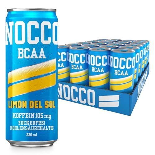 NOCCO BCAA energy drink 24er pack – zuckerfrei, vegan Energy Getränk mit Koffein, Vitaminen und Aminosäuren – Zitronengeschmack, 24 x 330ml inkl. Pfand (Limon Del Sol)