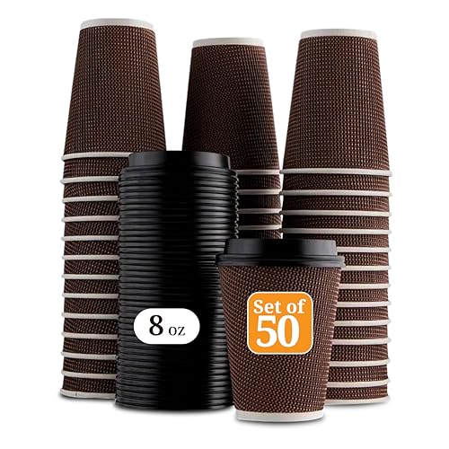 HOMURVIA Brown Disposable Ripple Insulated Coffee Cups with Lids (8oz)-(Set of 50) - Hot Beverage Corrugated Paper Cups Eco-Friendly & Durable To-Go Cups