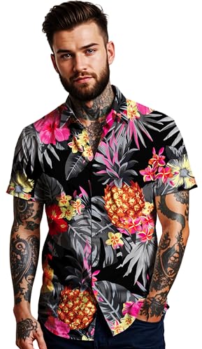 King Kaliko Trend-Hawaiiaans-Overhemd, Korte-Mouw, Pineapple-Style, Zwart-Grijs, M