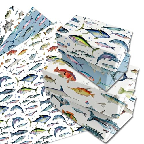 JOINFANXIN 12Sheets Fishing Gift Wrapping Paper Folded Colorful Fish Gift Wrap Paper DIY Packing Crafts for Birthday Baby Shower Fishing Theme Outdoor Party Decoration Supplies, 27 * 20inch