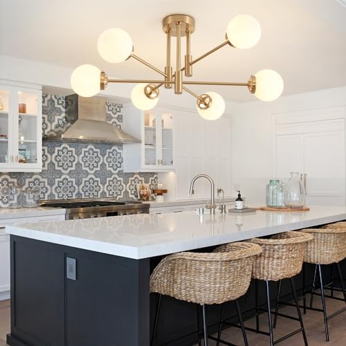 Image of Gold Sputnik Ceiling Light Fixture 6 Light with Milk White Glass Shade