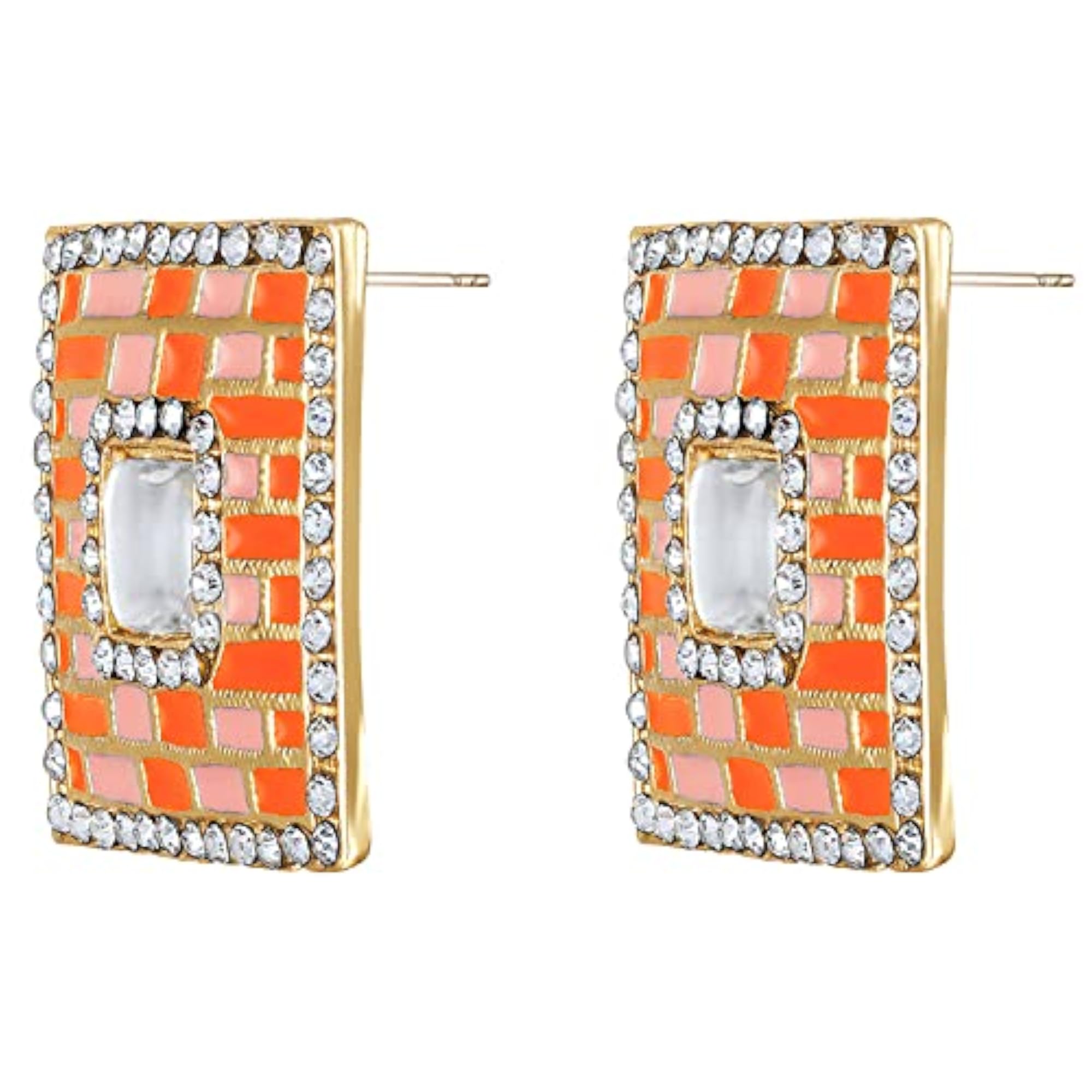 Crystal Dangler Earrings with Orange and Pink Enamel