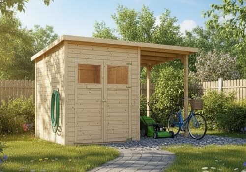 Alpholz Gerätehaus Mollie Plus 335x199 cm Fichtenholz 14 mm Wandstärke Pultdach mit Anbau und Schleppdach inkl. Montagematerial