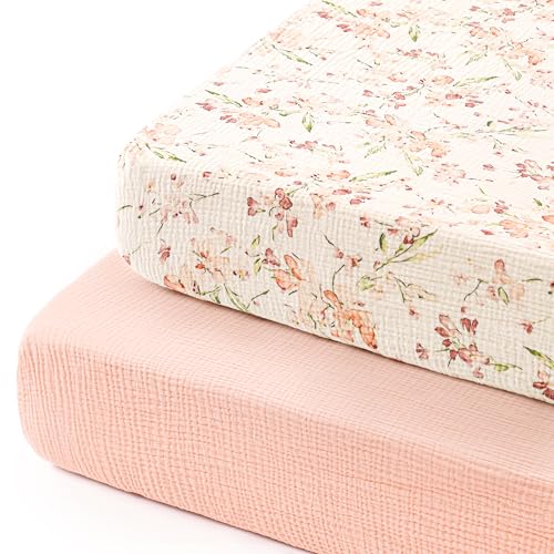 Image of GRSSDER 100% Cotton Muslin Crib Sheet 2 Pack - Breathable & Ultra-Soft Fitted Crib Sheets for Standard Baby & Toddler Mattresses, 52 inchx28 inch with 9 inch Deep Pocket, Snug Fit All-Around Elastic, Pink Floral
