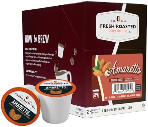 Fresh Roasted Coffee, Amaretto Flavored K-Cup Pods for Keurig Brewers, Medium Roast, Kosher, 24 Count (Pack of 1)
