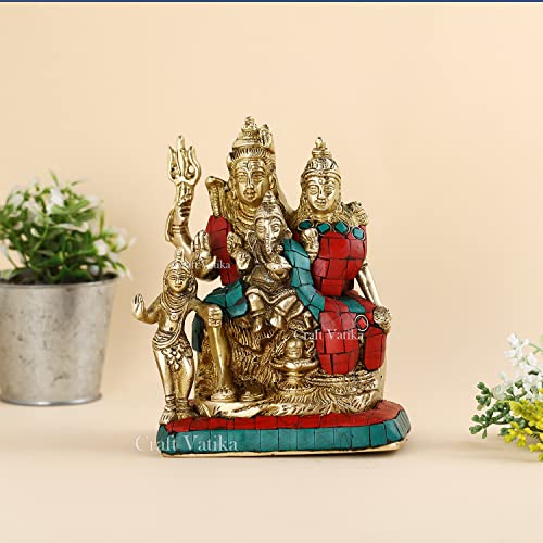 Image of Collectible India Shiva Family Brass Sculpture - Shiv Shankar, Ganesh, Parvati, Kartikey Statue (Multicolour, 5.5x4 Inches)