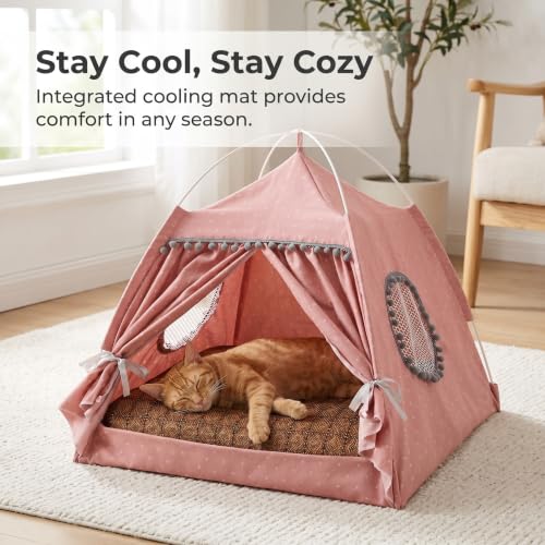 Cama cueva para mascotas color rosa con alfombrilla refrescante 6