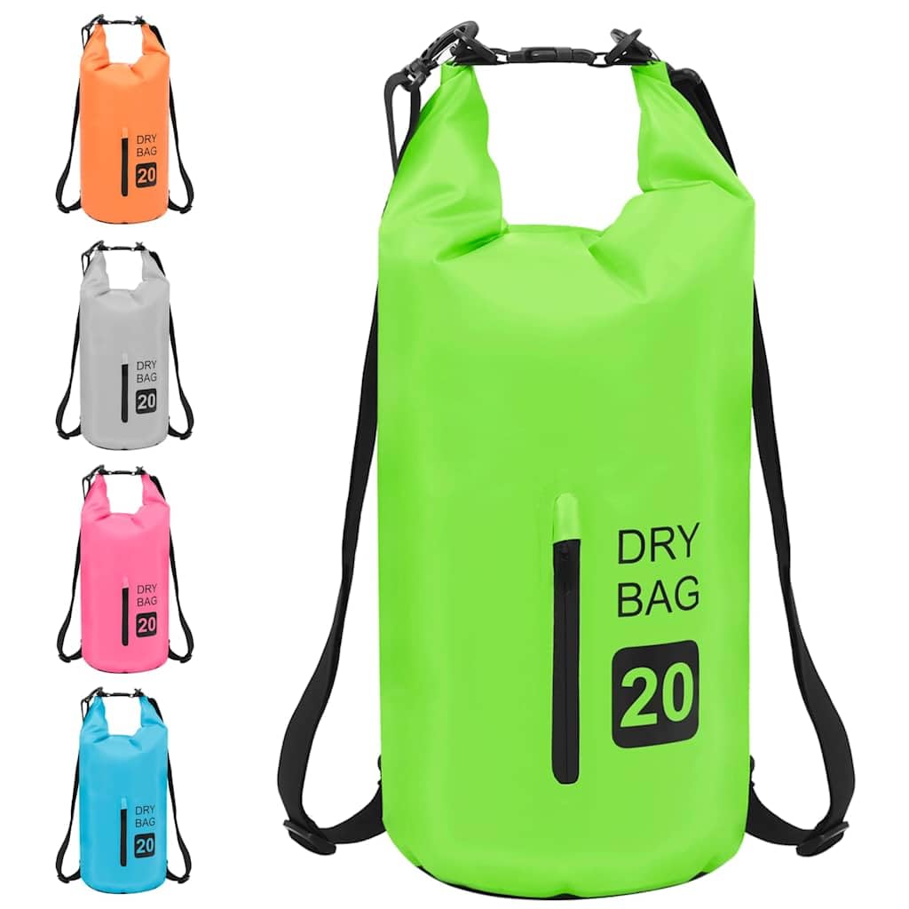 Suchy worek z zamkiem błyskawicznym, zielony, 20 l, PCW, 36 x 61 cm, do sportów wodnych i kajakowych, pontonów, wodoszczelna torba z regulowanymi szelkami, do spędzania wolnego czasu, do