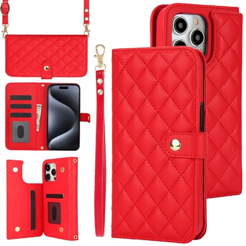 Étui iPhone 14 Pro Max rouge en cuir de qualité supérieure avec rabat