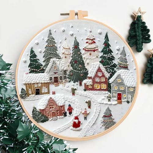 Image of Huacan Embroidery Kits for Adults Beginner DIY Cross Stitch Stamped Christmas Tree Pattern Stitching Sewing Kit 1 Piece 7.8 x 7.8 Inch