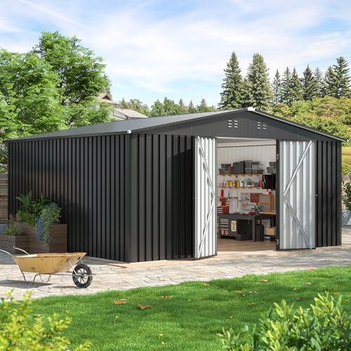 EASYHAWK 12 x 14 FT Metal Outdoor Storage Shed Waterproof Garden Utility Shed with Lockable Door All-Weather Storage Shelter for Bikes Tool for Patio Lawn Backyard Garden Black