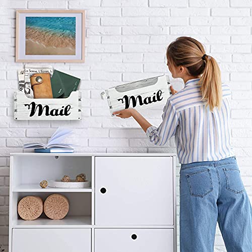 Updesign Rustic Mail Holder Box, Rustic Wood Mail Organizer with Hanging Hardware Decorative Wooden Mail Holder for Wall Mail Organizer, Letter Holder Organizer Desk Decor (Rustic White)……