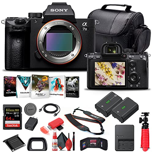 Sony Alpha a7 III Mirrorless Digital Camera (Body Only) (ILCE7M3/B) + 64GB Memory Card + NP-FZ-100 Battery + Corel Photo Software + Case + External Charger + Card Reader + HDMI Cable + More (Renewed)