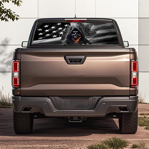 Image of Rear Window Decals for Trucks - 65x17.3 in Back Window Decals Fit Most Pickup Trucks SUV, Vinyl American Skull Flag Back Window Decal for Car Personalized Decoration - Skull Decal-7-S