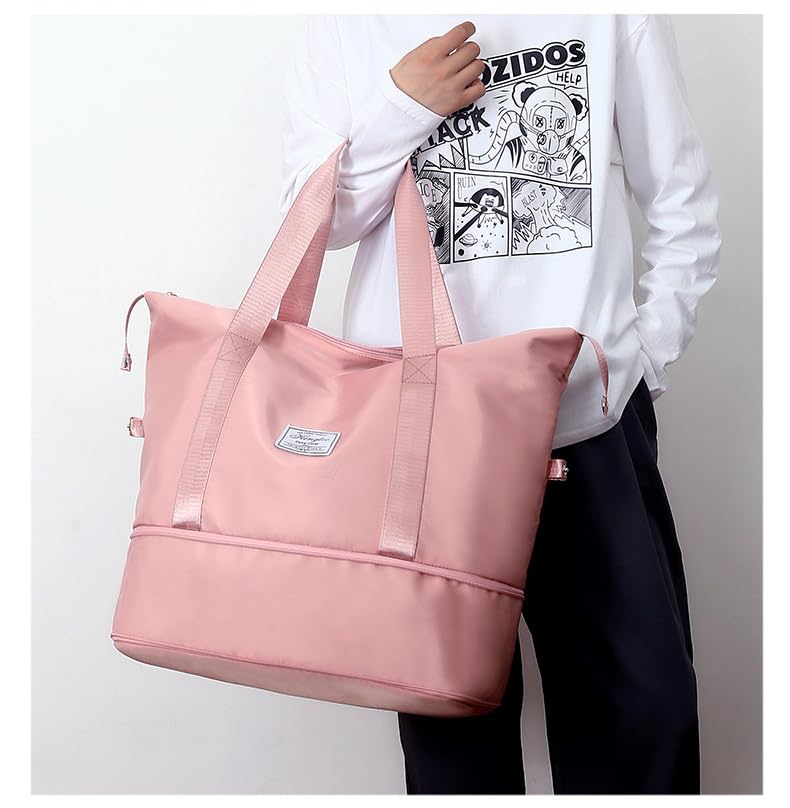 flintronic Reisetasche Damen, Faltbare Reisetasche, Sporttasche, Handgepäck Tasche, Wasserdicht Travel Bag Duffle Bag, Trainingstasche, Handtasche für Sport & Reisen (Mit 1 Gepäckanhänger)-Rosa