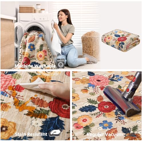 Machine Washable Runner Rug for Hallway: 2'6"x8' Kitchen Runners Rug with Rubber Backing Non Slip Stain Resistant Floral Floor Rug Soft Carpet Runners for Indoor Entryway Bedroom Bedside Living Room