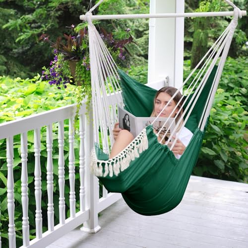 Image of Chihee Hammock Chair Hanging Chair with Foot Rest 2 Cushions Max 500lbs Robust Metal Spreader Bar Collapsible Easy Storage Soft Cotton Swing Chair Strong Strap Iron Carabiner Side Pocket Included