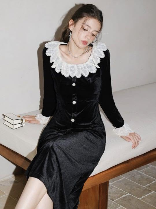 Amazon.co.jp: レース襟 ベロアロングワンピ 黒 M : ファッション