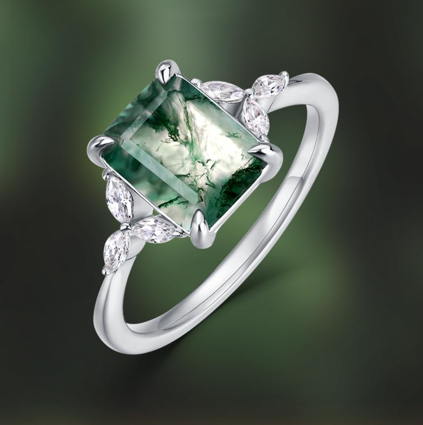 Moss Agate Ring 925 Sterling Silver Personalized Green Moss Agate Engagement Statement Ring for Women Birthday Gifts3