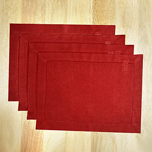 D'moksha Divine Red Placemats 14 X 19 Inch Set Of 4, 100% Pure Linen Placemats, Hemstitch Table Placemats, Christmas Placemats, Perfect For Wedding, Party, Thanksgiving And Easy Care Machine Washable #TOP1