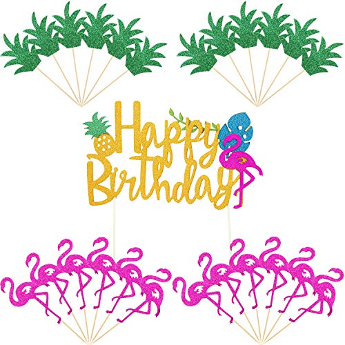 25 Pieces Hawaiian Luau Pineapple Flamingo Cupcake Toppers Tropical Pineapple Flamingo Cocktail Toothpicks Happy Birthday Cake Topper Picks For Summer Party Cake Decorations #TOP13