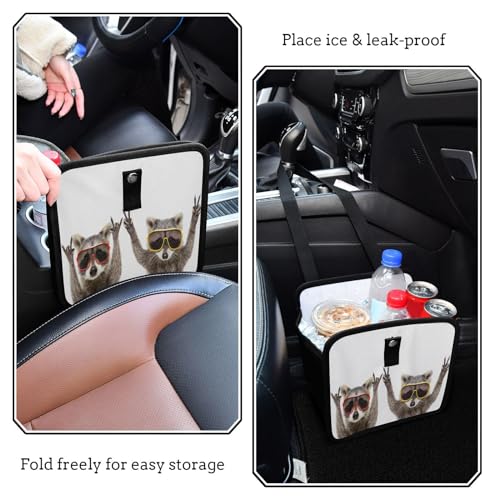 Image of Funny Raccoons Sunglasses Animal Car Trash Can, Foldable Hanging Car Trash Bag, Small Waterproof Car Accessories Garbage Bin
