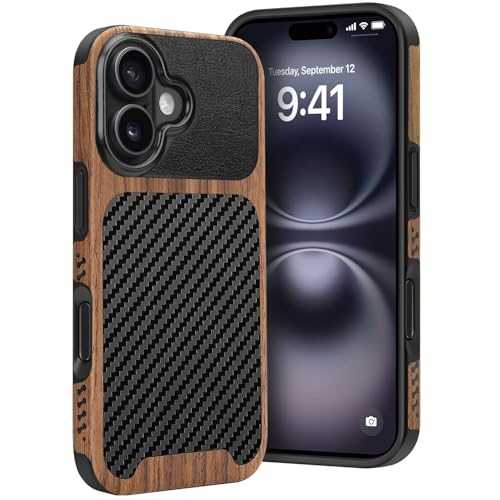 Dolstrap Robust Handyhülle Kompatibel mit iPhone 16 Hülle (Naturholz & Leder & Kohlefaser-Hybrid) Dünnes iPhone Hülle Schwarz