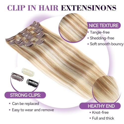 Image of Clip in Hair Extensions Real Human Hair 18 inch 100g /3.6oz Straight Seamless Invisible Human hair Extensions Clip ins for Women Double Weft 8pcs Light Blonde to Golden Blonde