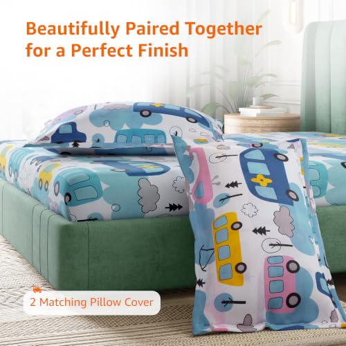 Image of Amazon Basics - 100% Cotton Kids Bedsheet | 144TC |Fitted Queen Bed Sheet with 2 Pillow Cover|Soft Cotton | Cartoon Print | 78 Inch x 60 Inch - 8 Inch Drop, Car Themed Queen Bedsheet
