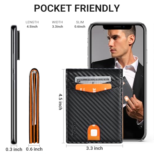 VATAN Wallet for Men, Mens Minimalist Wallet Credit Card Holder, Slim Leather Rfid 2 ID Window Large Capacity With Gift Box (Carbon Black and Orange)4