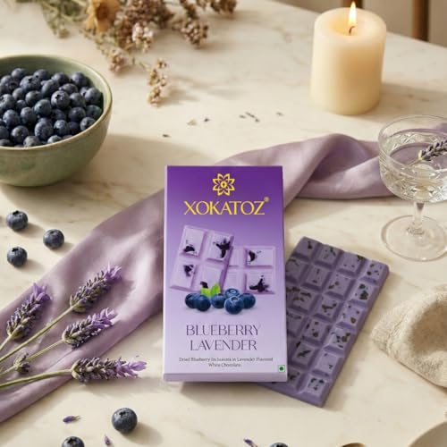 Image of XOKATOZ Exotic Premium Couverture Belgian Chocolate - 1 Blueberry Lavender Flavoured White Chocolate Bars - Gift set - Pack of 1, 75g (75g x 1)