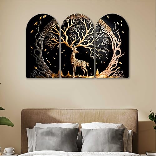 Image of Livin'luxe Golden Deer Arch Shape Wall Painting Set of 3 | Luxury MDF Panel Art with HD Textured Print | Modern Living Room, Bedroom, Hall & Home Decoration Wall Frame (30 x 50 Inch) RPNL-35378