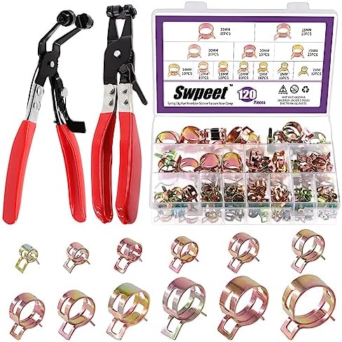 Swpeet 122Pcs 7-22mm Spring Band Hose Clamps with Swivel Flat and 45°Angled Flat Band Fuel Hose Clamp Plier Kit, Silicone Vacuum Hose Action Pipe Clamp Low Pressure Air Clip Clamp for Hose