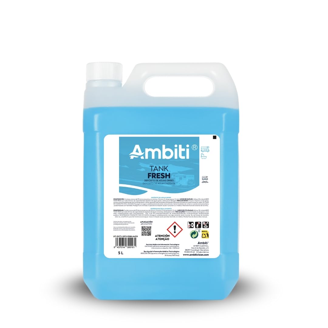 Ambiti | Tank Fresh | Aditivo para Depósito Aguas Grises | Elimina Olores y Sedimentos en Duchas, Fregaderos y Desagües de Autocaravanas y Campers | Fragancia Piña Colada (5L)