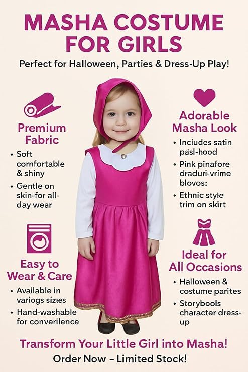 Image of Collection Girls' Costume Dress with Hood, Pink and White, Gold Trim Detail, Cartoon Character-Inspired