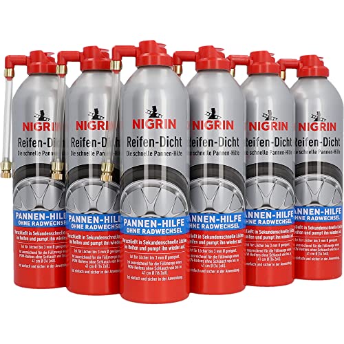 NIGRIN Reifendicht, 6 x 500 ml, sofortige Pannenhilfe, Reifendichtmittel repariert Löcher im Reifen im Handumdrehen ohne Montage