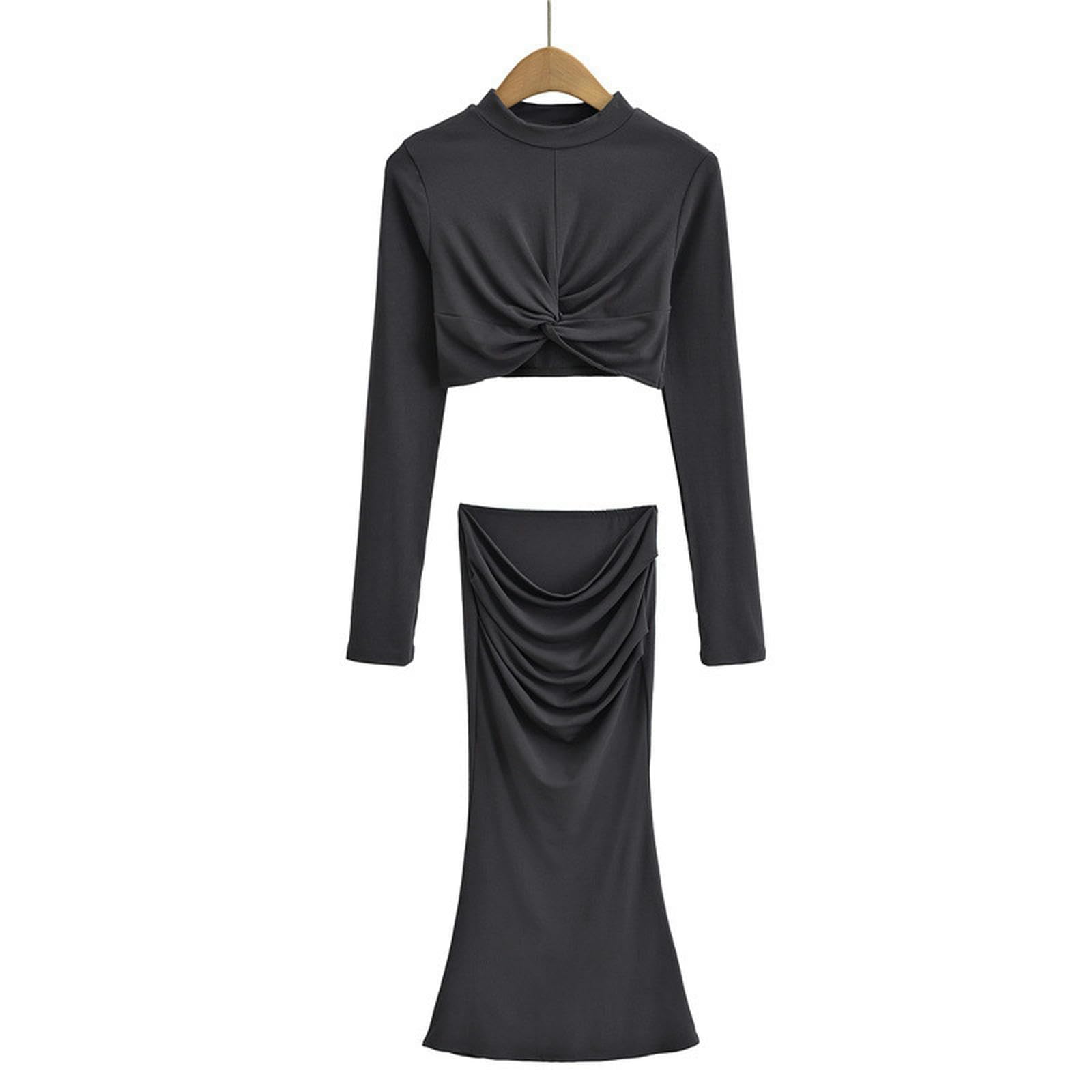 Chemise courte col haut torsadé ensemble tailleur jupe longue plissée gris foncé L