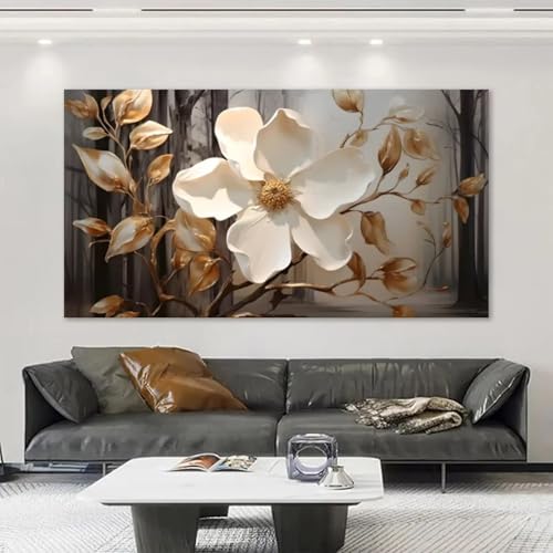 Toile abstraite magnolia blanc et or art mural botanique raffiné avec cadre