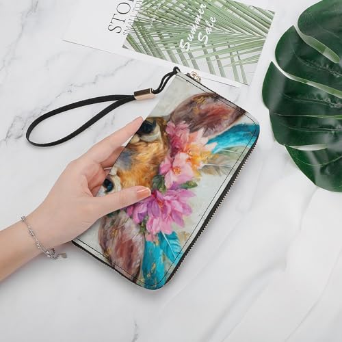 Deer with Boho Florals And Feathers PU Leather Clutch Long Bifold Wallet, Coin Purse Credit Pass Case, Durable Card-Holder Money Storage for Women Men4