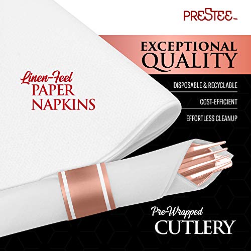 350 Piece Rose Gold Dinnerware Party Set - 50 Guest - 100 Rose Gold Rim Plastic Plates - 50 Pre-Rolled Linen-Feel Napkins With Spoons, Forks, Knives - 50 Rose Gold 10Oz Cups #TOP3
