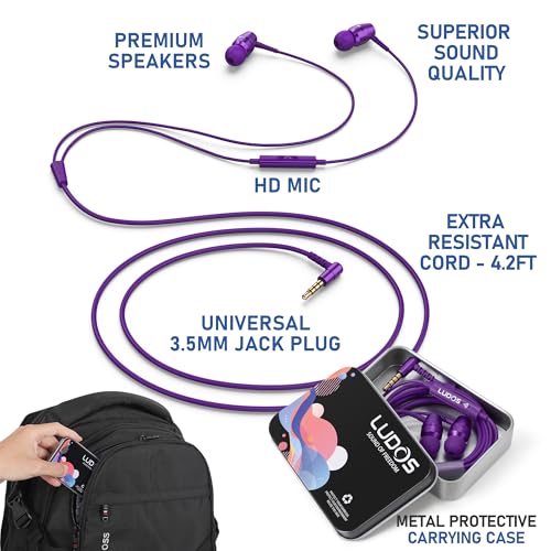 Image of LUDOS OMNITONE Wired Earbuds in-Ear Headphones, 5 Year Warranty, Earphones with Microphone, 3.5 mm Jack Corded Ear Buds, Videoconference for iPhone, Samsung, Laptop, Kids, School Students - Purple