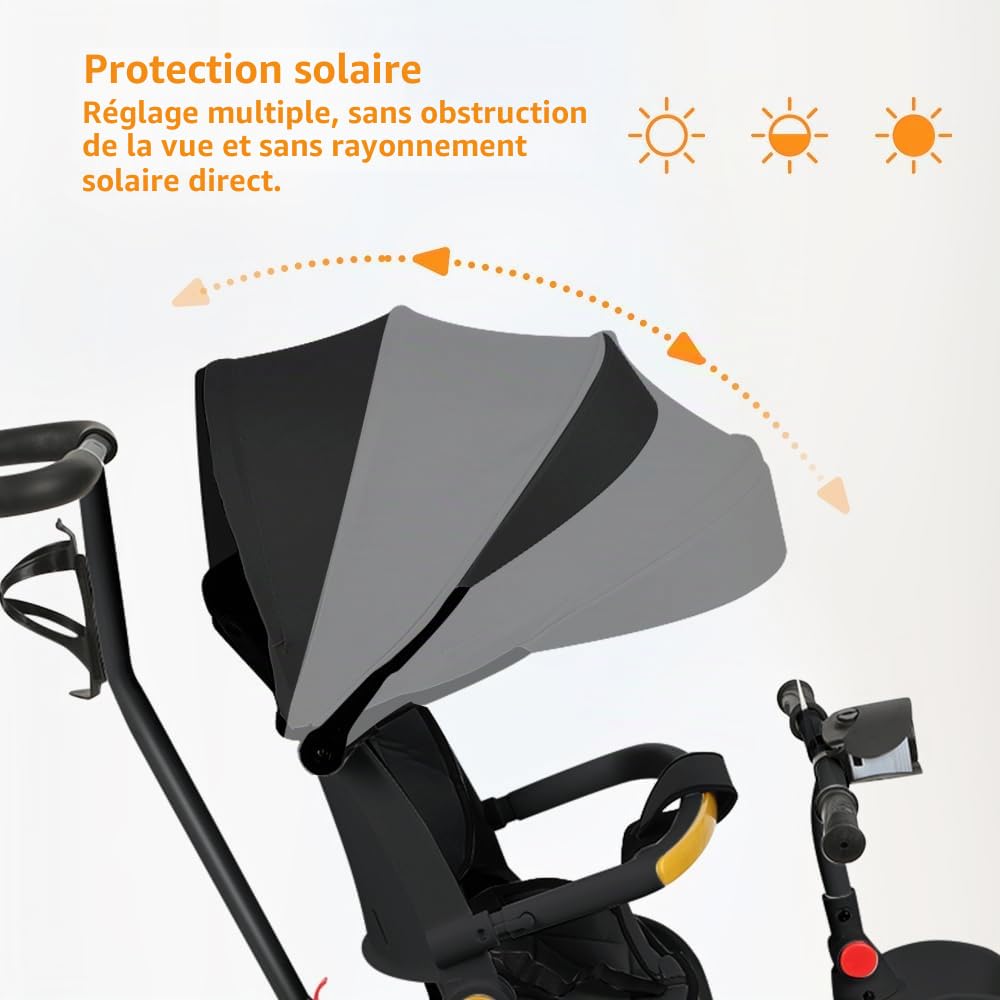 5 in 1 Poussette 3 Roues,jusqu'à 25 kg,Poussette canne,Tricycle évolutif pour Enfant,Grande Capote,Pliage Compact,Dossier Inclinable,Grandes Roues Tout Terrain
